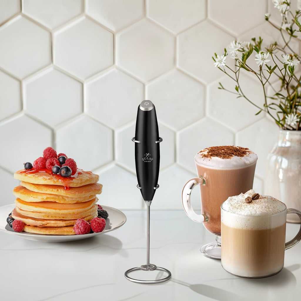 Zulay Kitchen Milk Frother Wand - Ultra-Fast Handheld Electric Whisk for Coffee, Lattes & More - Metallic Black