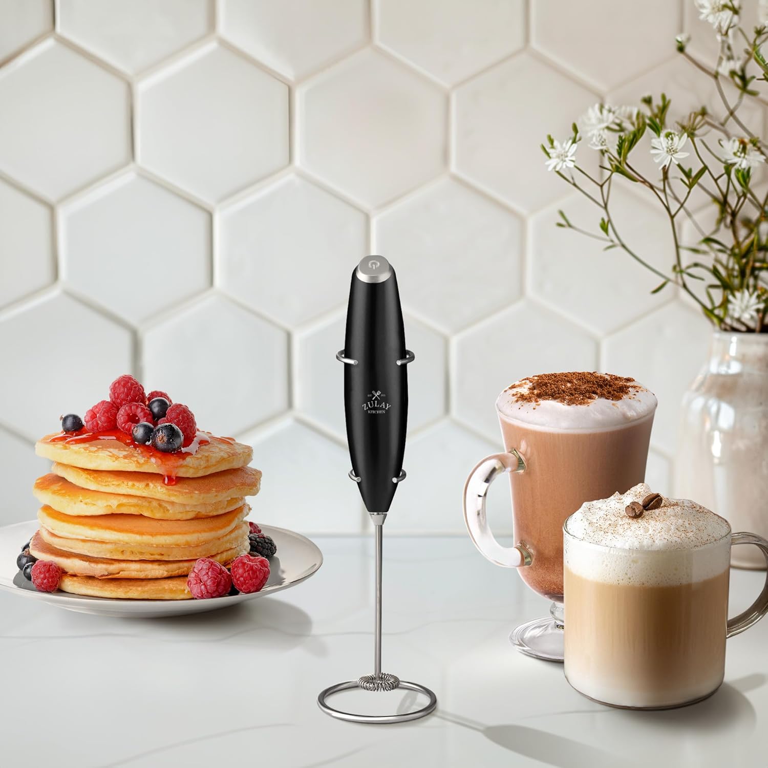 Zulay Kitchen Milk Frother Wand - Ultra-Fast Handheld Electric Whisk for Coffee, Lattes & More - Metallic Black