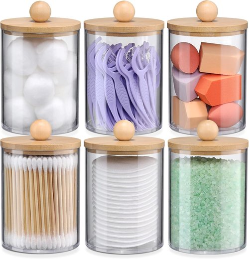 Bamboo Qtip Holders by Skiennix - 6-Pack Bathroom Storage for Cotton Balls, Swabs & Pads