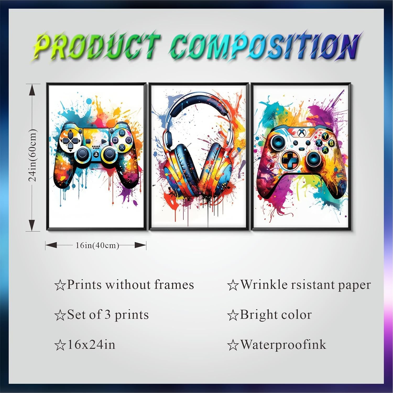 Skiennix Gaming Room Decor - Set of 3 Video Game Canvas Prints | Graffiti Posters for Teen Boys 16x24in