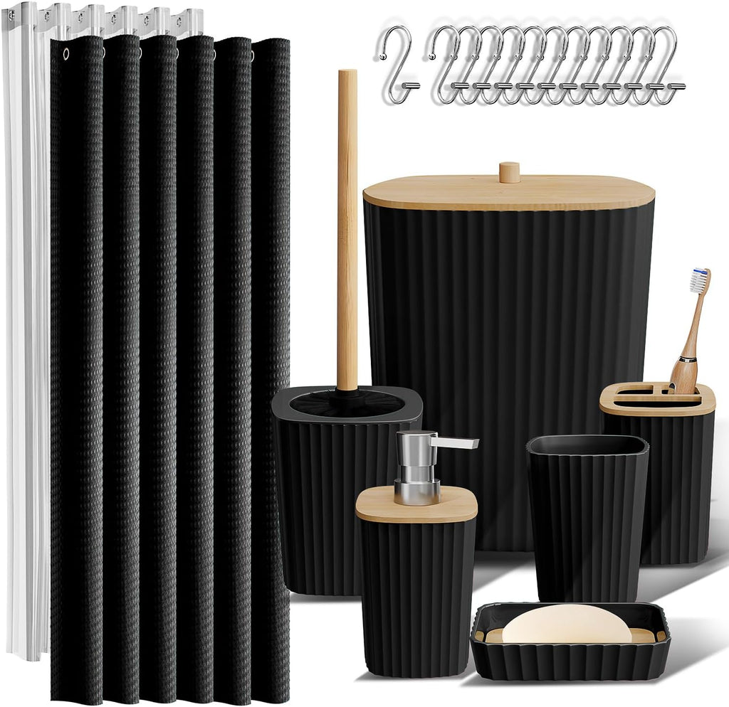 Clara Clark Bathroom Accessories Set - 20-Piece Black Bathroom Set with Shower Curtain, Soap Dispenser & More