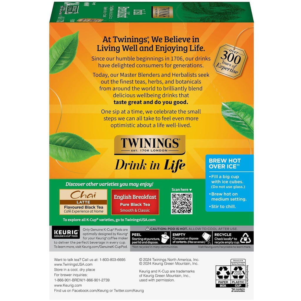 Twinings Irish Breakfast Black Tea K-Cup Pods for Keurig, 24 Count (Pack of 2), Robust, Strong, Bold Flavour, Caffeinated, Enjoy Hot or Iced