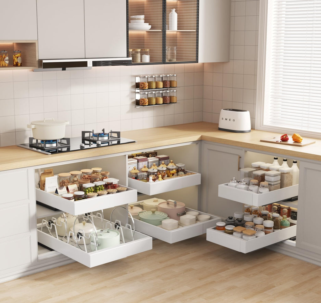 Seinloes 2 Pack Pull out Cabinet Organizer 21" Deep With Raising Pad for Framed Cabinets, Expandable Slide out Drawers for Kitchen Cabinets with 4pcs Divider Racks, Roll out Shelves 9"-14" W White