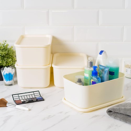 IRIS USA 7 Qt. Stackable Storage Bins with Lids - 4-Pack Off White Organizer for Kitchen & Bathroom