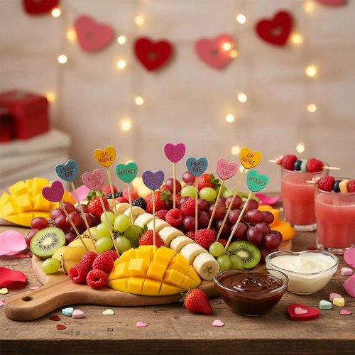 120 Pack Wooden Conversation Heart Cocktail Picks, 4.7 Inch Bamboo Appetizer Skewers for Valentine's Day Party Supplies, Charcuterie Boards, Drinks & Cake Toppers, 6 Pastel Colors
