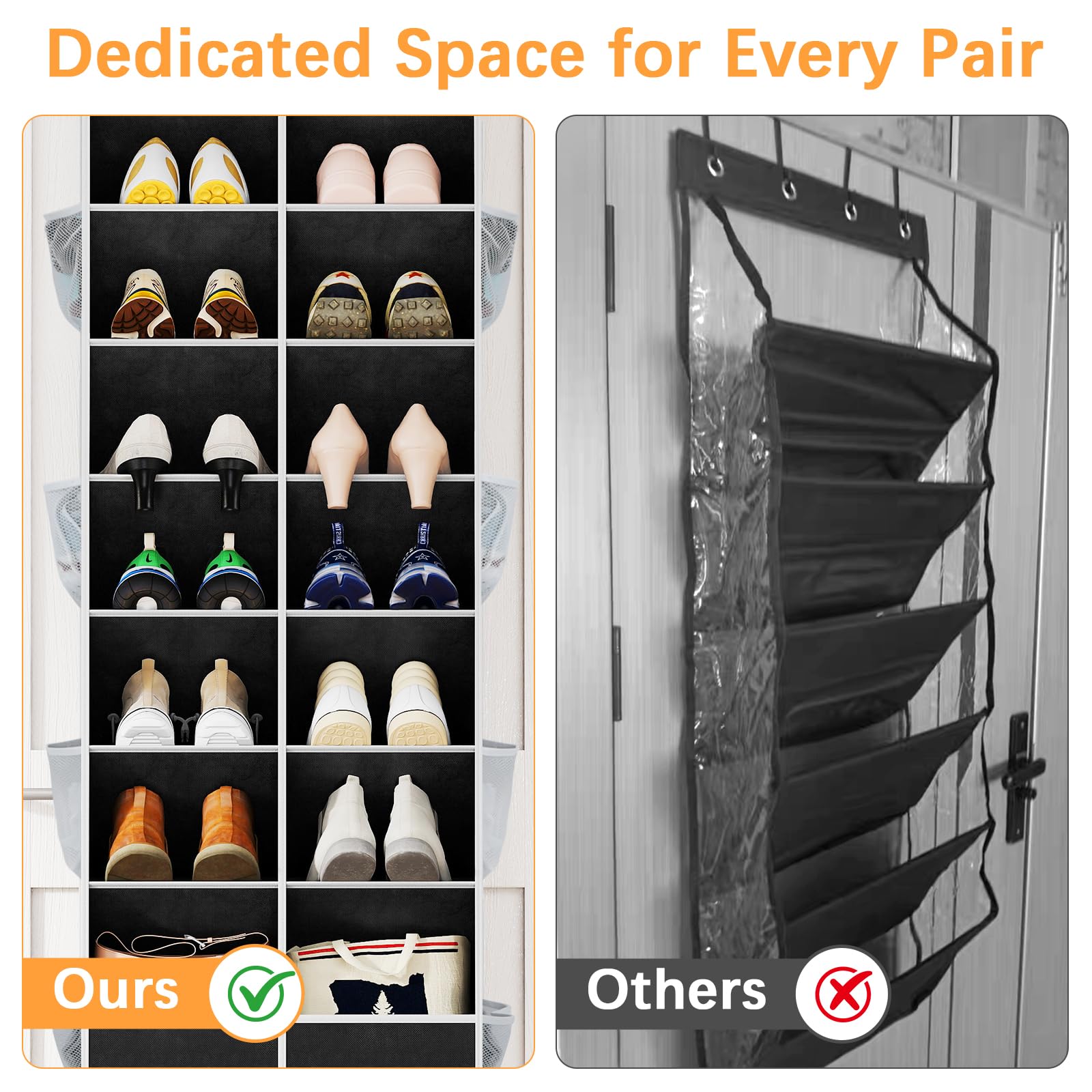 Yecaye 8 Tier Over the Door Shoe Organizer of Deep 16 Compartments, 50lbs Load Shoe Rack for Door in Oxford Holds 16-24 Pairs, Stain-Resistant Hanging Shoe Organizer for Closet, Black