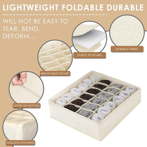 Criusia Sock Organizer - 3 Pack Fabric Drawer Dividers with 64 Cells | Beige Storage Solution for Socks, Underwear, Ties