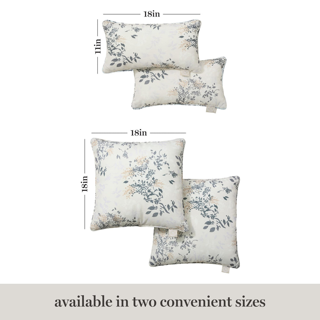 Martha Stewart Charming Foliage Indoor Outdoor Decorative Lumbar Pillow 2-Pack Set, UV Fade Resistant, Water Repellent, Printed Floral Design, Warm Grey, 11"x18"