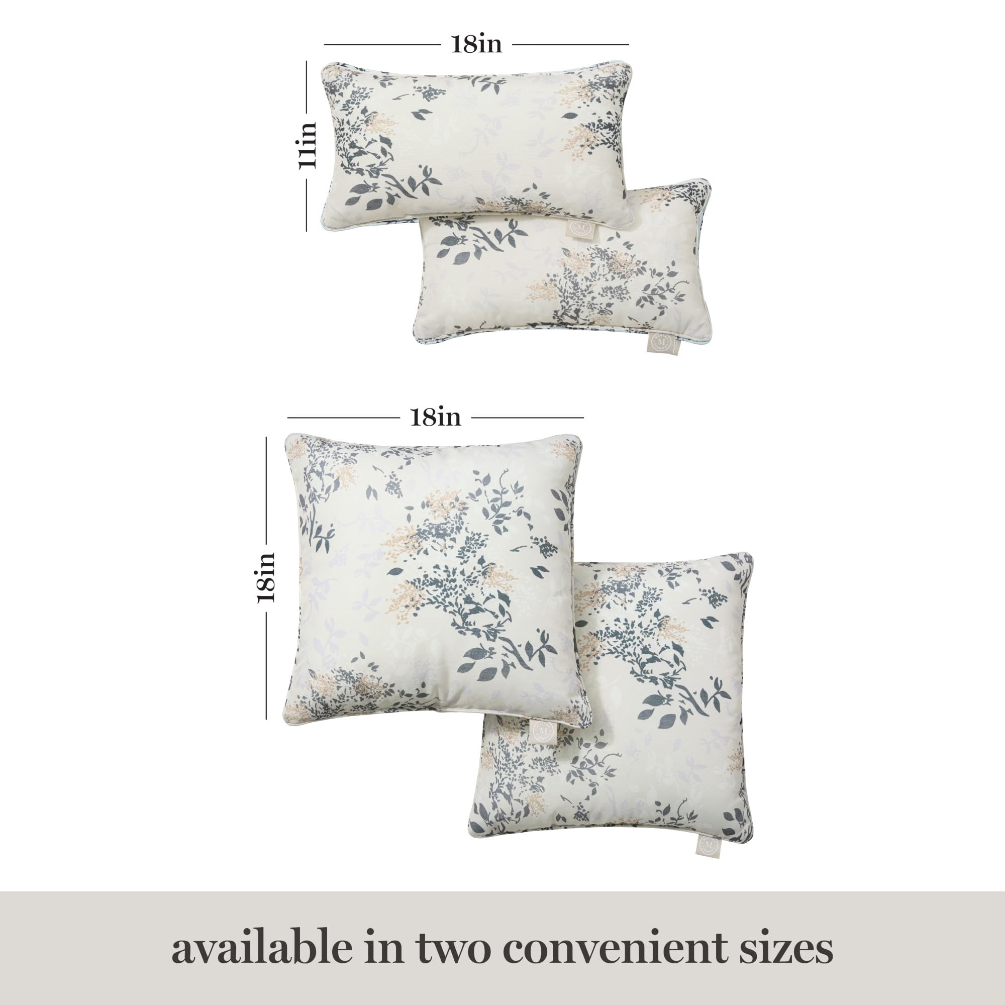Martha Stewart Charming Foliage Indoor Outdoor Decorative Lumbar Pillow 2-Pack Set, UV Fade Resistant, Water Repellent, Printed Floral Design, Warm Grey, 11"x18"