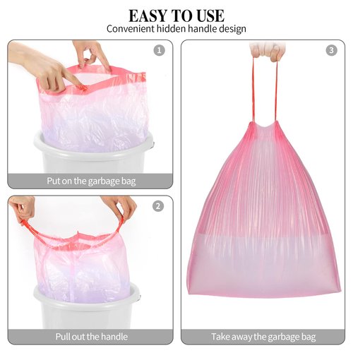 3Rolls Drawstring Small Trash Bags,4 Gallon Thicken Drawstring Small Garbage Bags for Kitchen,Bathroom,Bedroom,Home,Office Trash Cans，60 Counts (Pink)