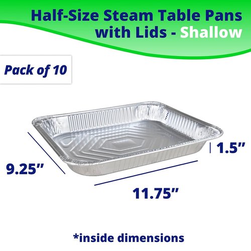 IDL Packaging Half-Size Aluminum Steam Table Pans - Shallow Disposable Foil Pans with Lids | 13" x 11" x 1.5" (Pack of 10) for Grilling & Baking