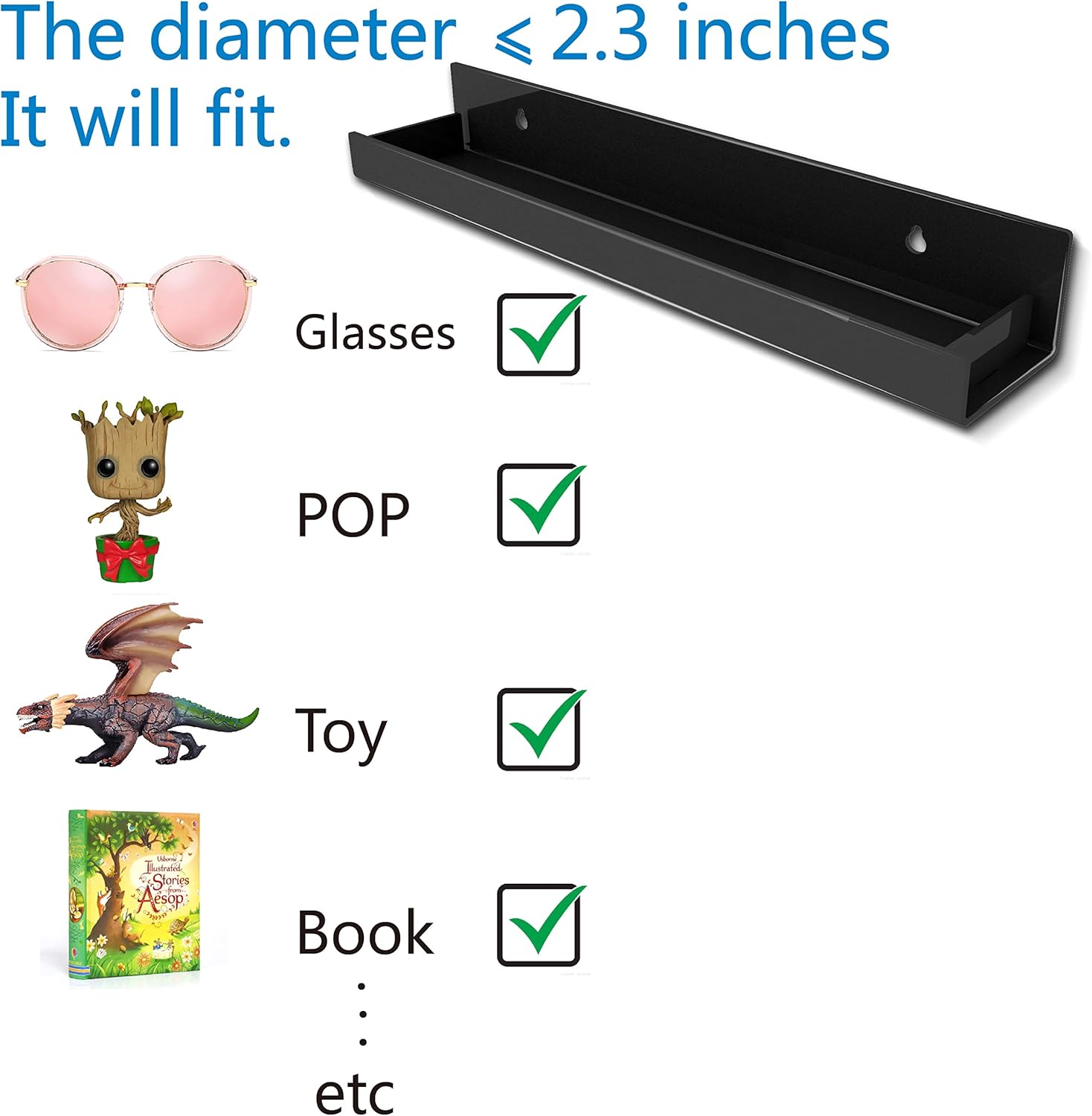 Skiennix 15-Inch Black Acrylic Shelves - Modern Floating Bookshelf for Kids Room | Stylish Toy & Display Storage