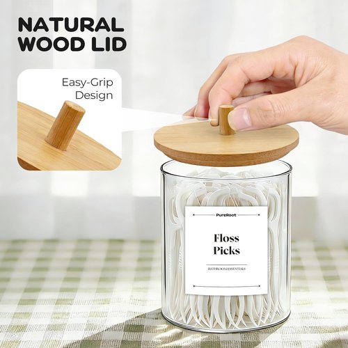 Glass Qtip Holder Dispenser Set - 10oz Cotton Swab & Bamboo Lids | Stylish Bathroom Storage (2 Pack)