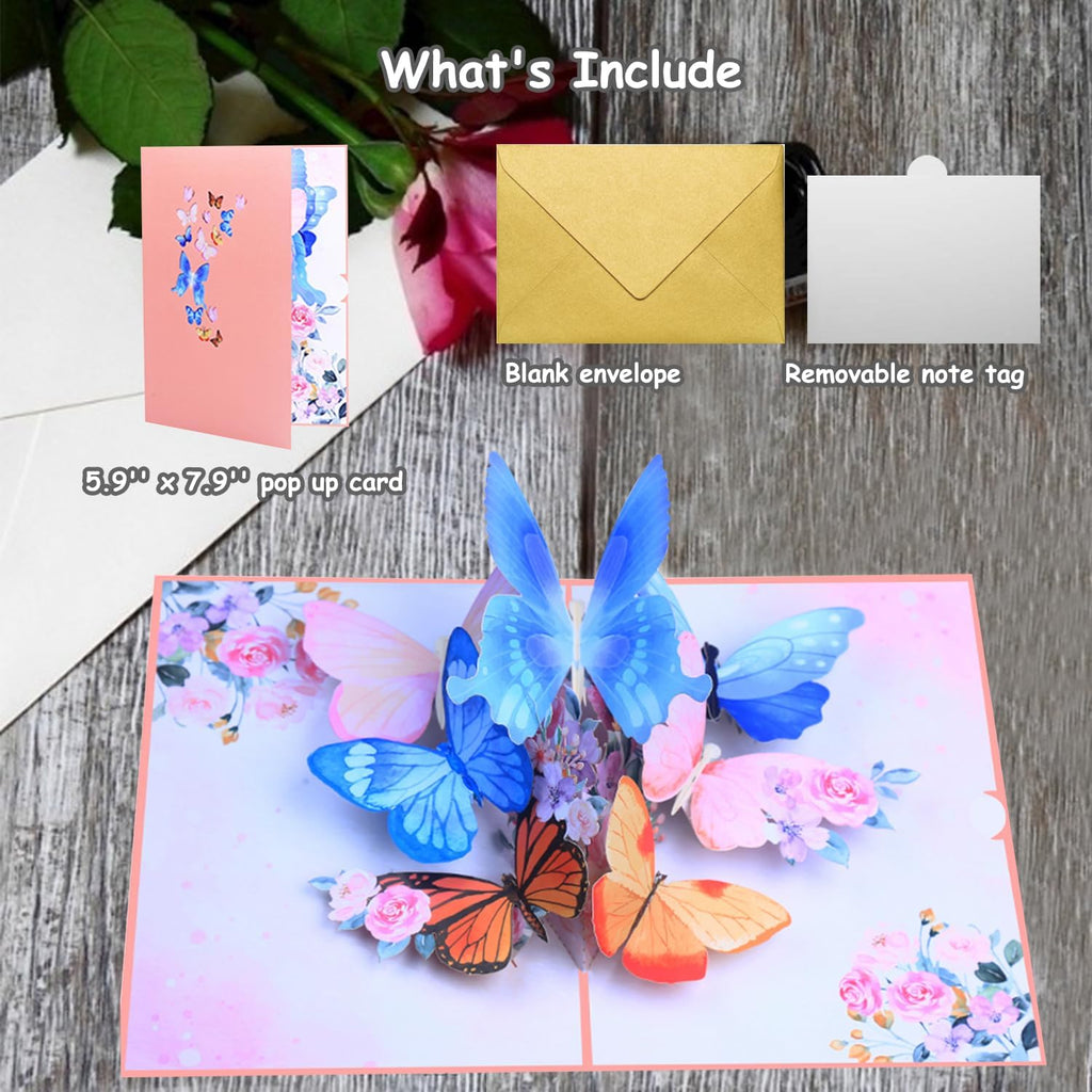 ROBBEAR 3D Butterfly & Flower Pop-Up Greeting Card - Handmade Envelope for Any Occasion