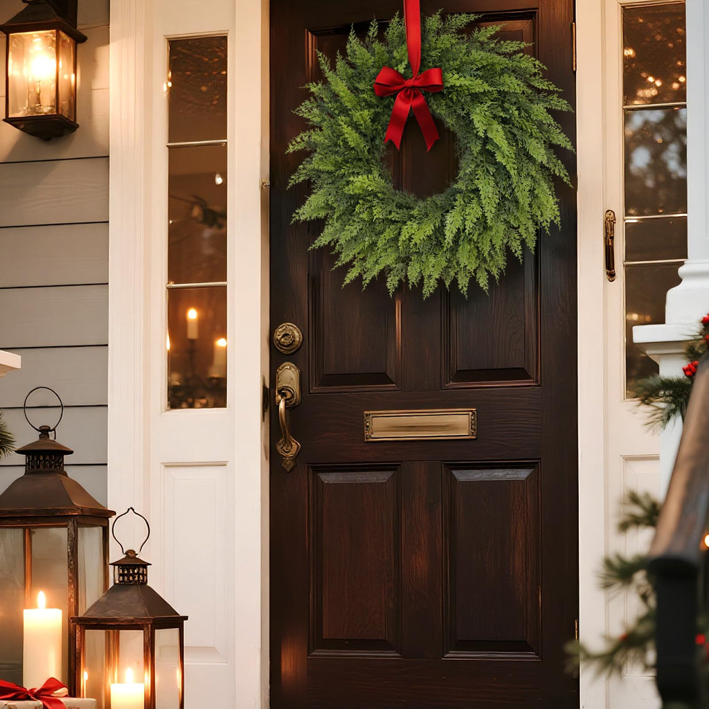 24" Soft Textured Christmas Cedar Wreath - Artificial Cedar Wreaths Faux Green Fake Pine Needles Wreath for Front Door, Wall, Windows, Home,Outdoor,Xmas Decor