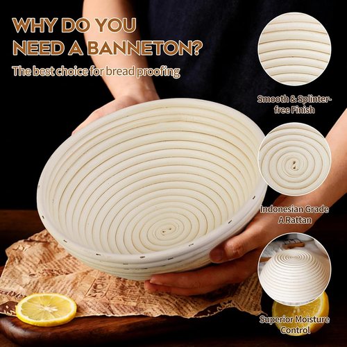 Dimpola Banneton Proofing Basket - Handmade Natural Rattan Round Dough Rising Basket Set for Artisan Breads
