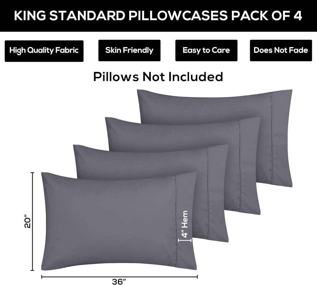 Utopia Bedding King Pillow Cases - Soft Brushed Microfiber - 4 Pack, Fade Resistant, 20 x 36 Inches | Grey