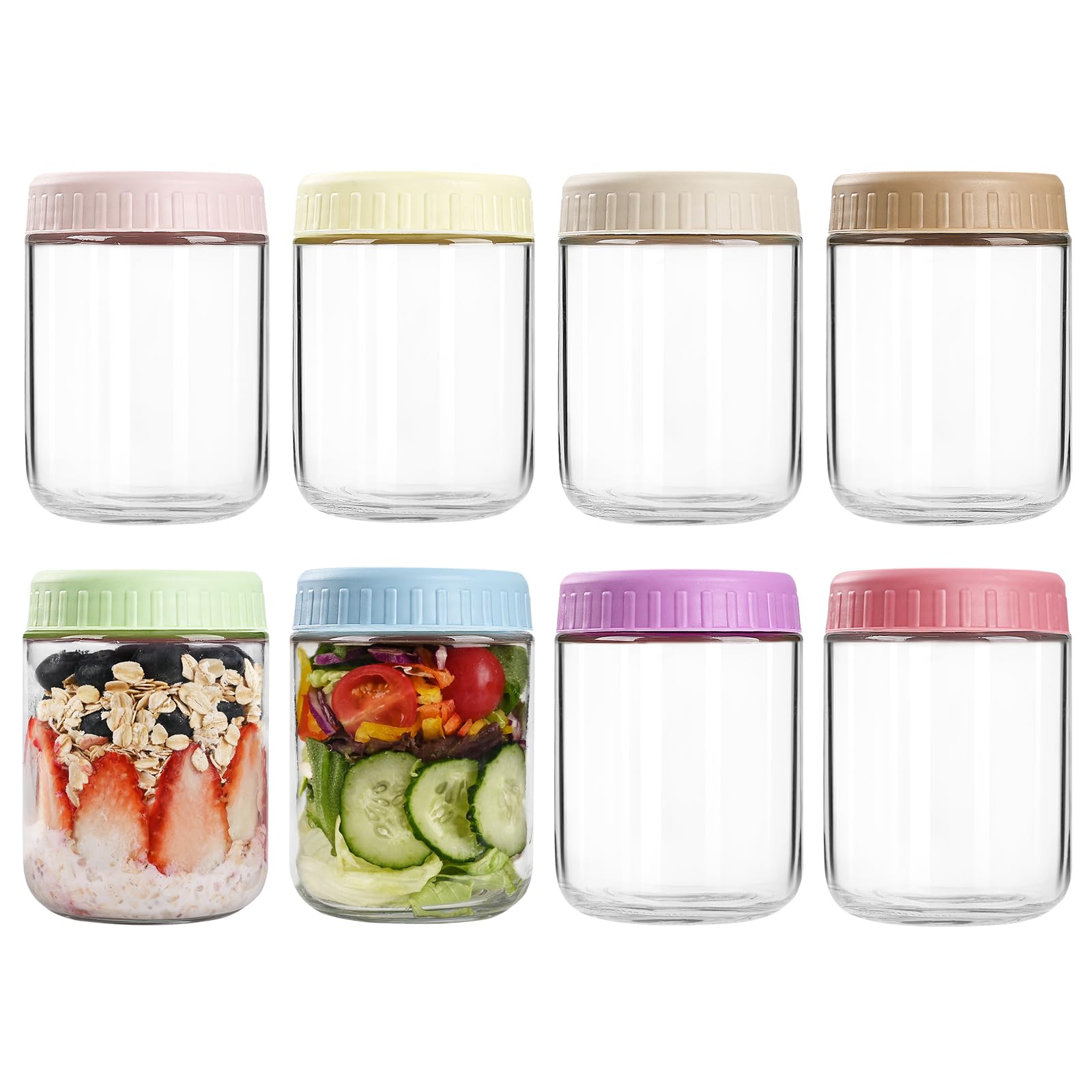 SHOWIN Overnight Oats Containers with Lids, 16oz Glass Jars with Lids 8 pcs, Wide Mouth Mason jars for Salad, Yogurt, Snacks, Meal Prep
