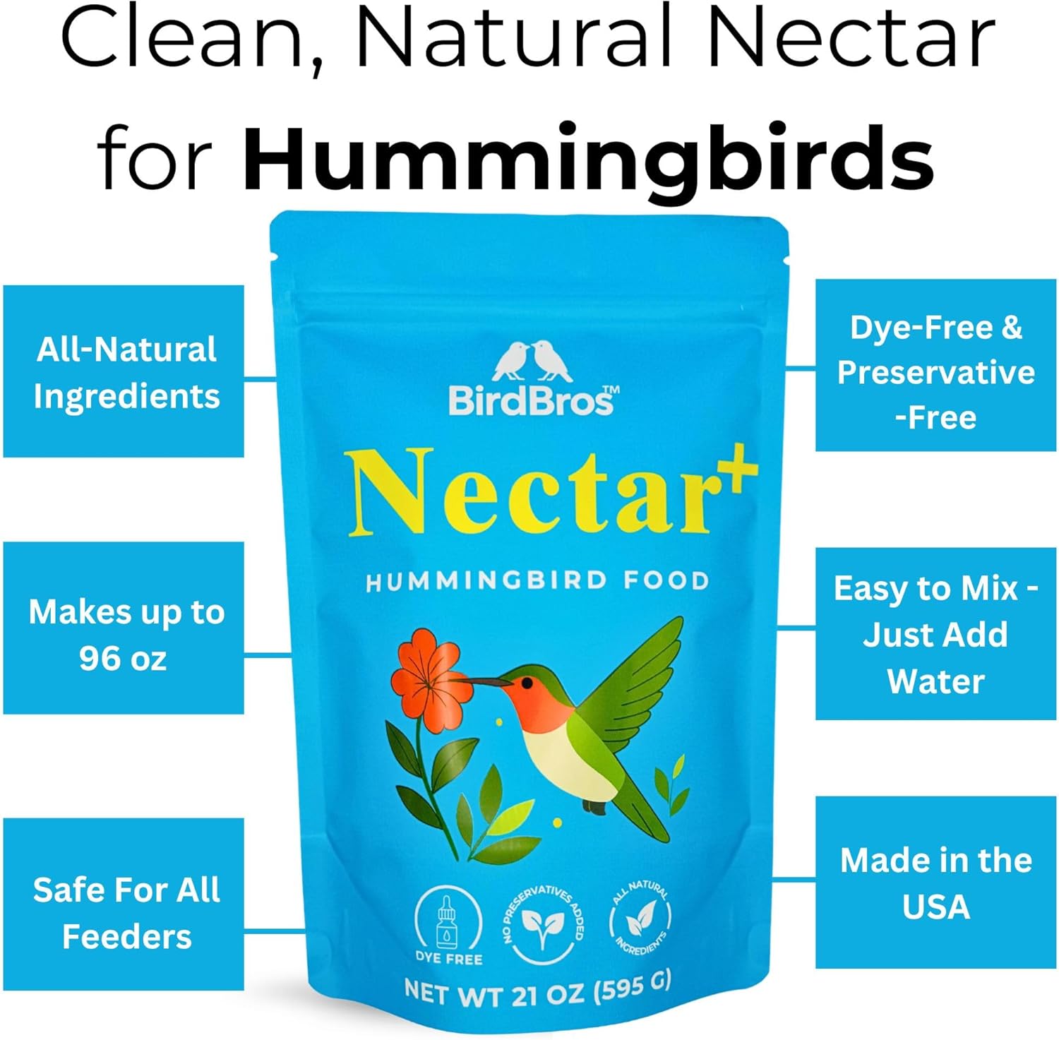 BIRDBROS Hummingbird Nectar Powder - All-Natural, Dye-Free, Easy Mix Feeder Refill | Makes 96 oz