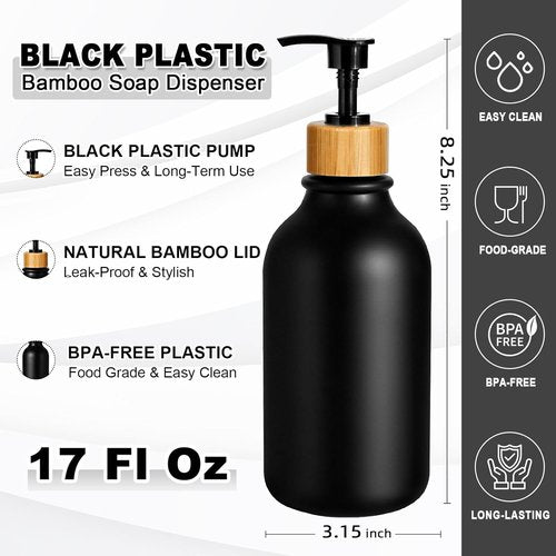 KASUNTING Hand Soap Dispenser Set - Stylish Black Dish Soap Dispenser with Bamboo Pump | 17 Fl Oz, 2 Pack