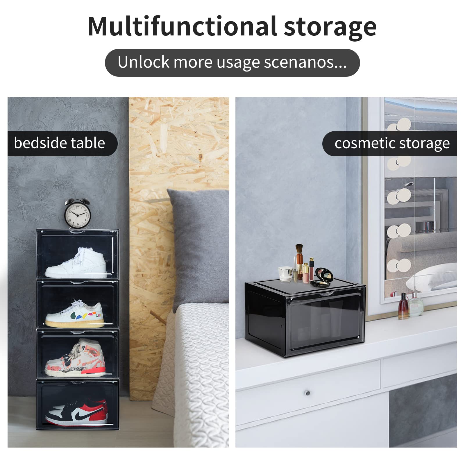 OMOPIN XL clear shoe storage boxes stackable, 8 Pack Large Shoe Boxes Clear Plastic Stackable, Drop side Sneaker Container Fit Size 13 (Black 8 Pack)