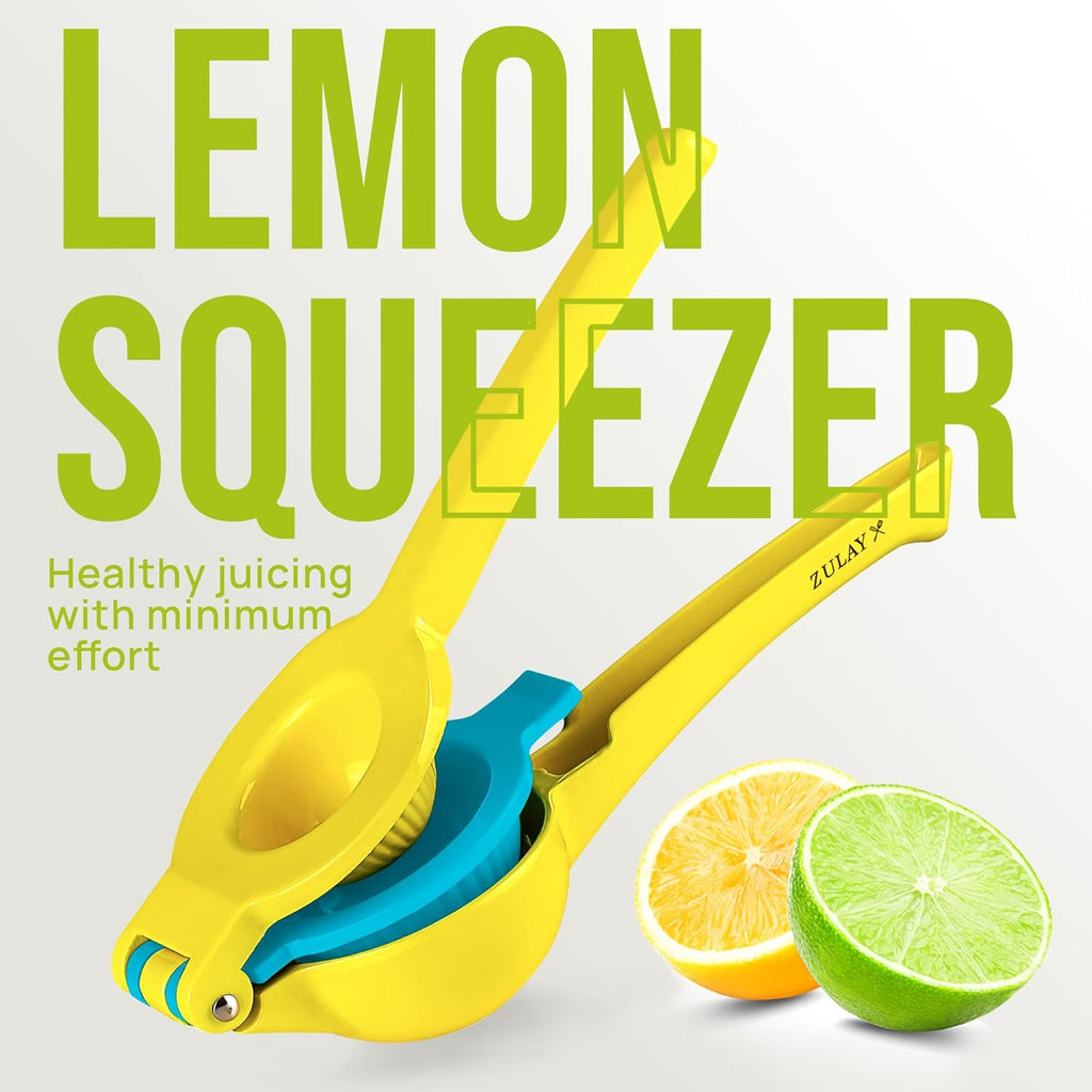 Zulay 2-In-1 Lemon Squeezer - Sturdy Manual Juicer for Maximum Juice Extraction | Easy to Clean - Yellow/Blue