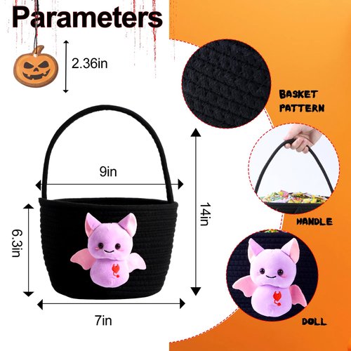 Qinthory Halloween Candy Basket for Kids – Cotton Rope Trick or Treat Bag with Black Cat Design, Reusable Halloween Candy Bucket for Boys and Girls (purple)