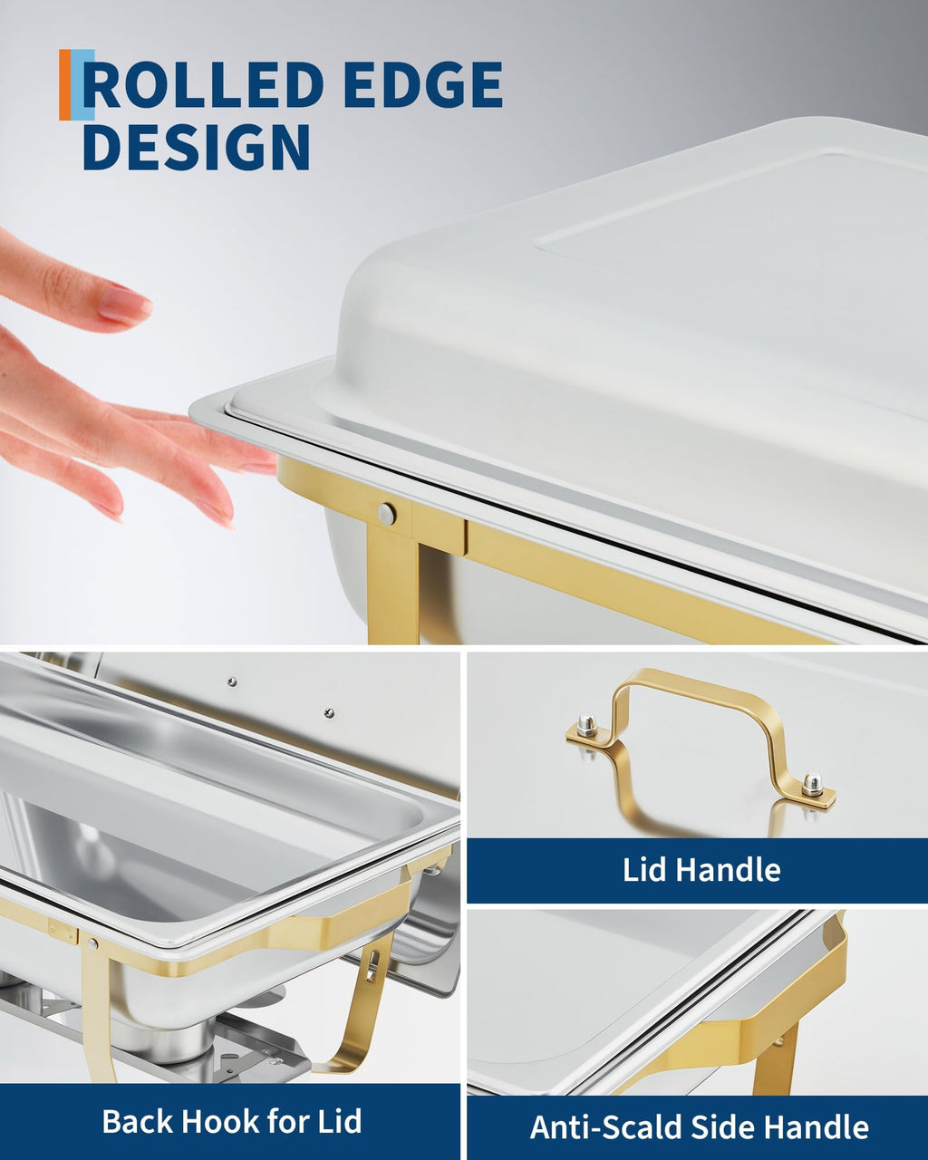 Garvee Chafing Dishes for Buffet Set of 2, 8QT Buffet Servers and Warmers Set with Lid & Foldable Frame, Rectangular Stainless Steel Chafer Food Warmer for Parties Wedding Catering Supplies, Gold