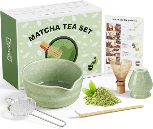 Dayacoco Matcha Whisk Set - Complete 5-Piece Ceramic Kit with Bowl, Whisk, Bamboo Scoop & Sifter | Perfect Gift for Tea Lovers (Green)