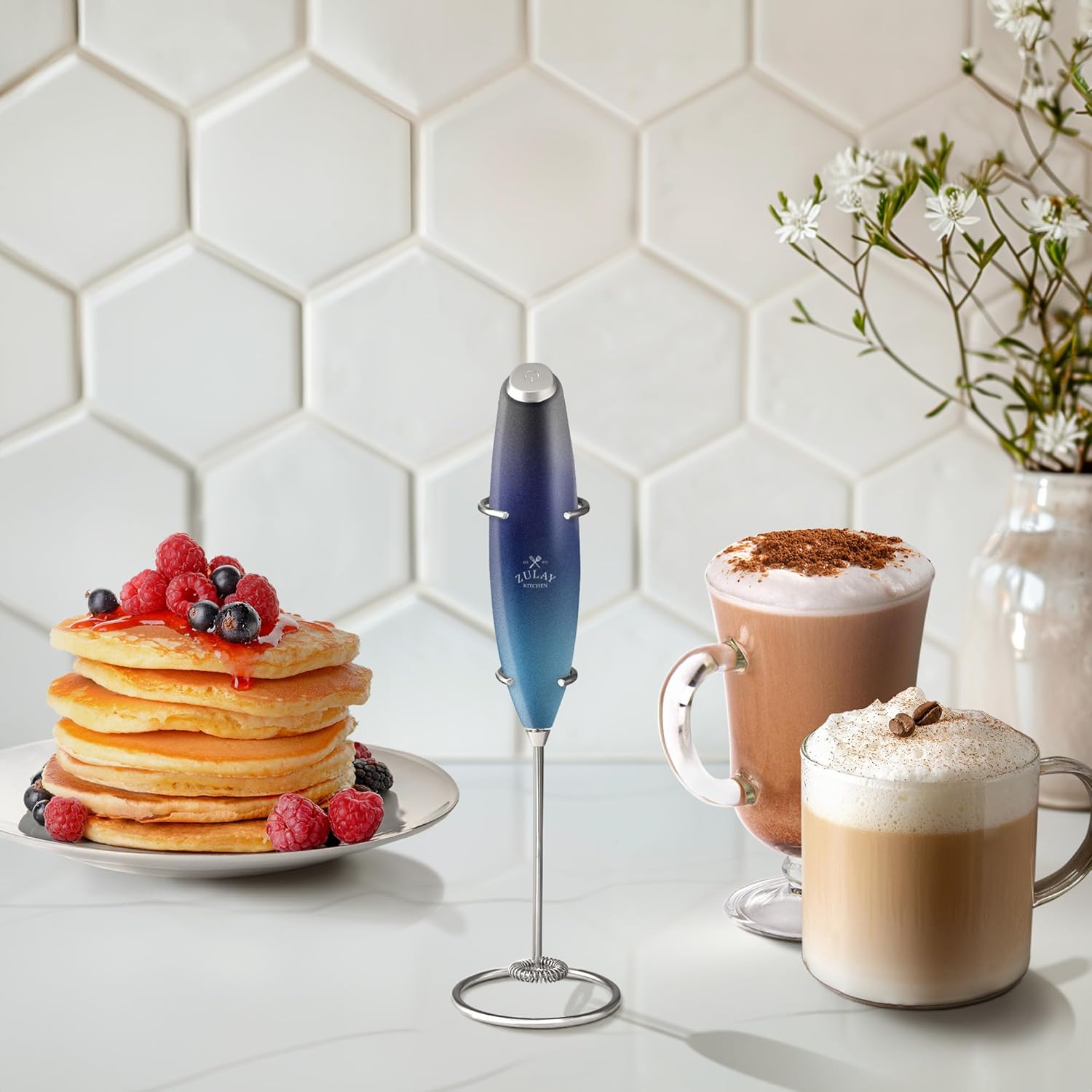 Zulay Kitchen Milk Frother Wand - Ultra-Fast Handheld Electric Whisk for Coffee & Lattes - Deep Sea Color
