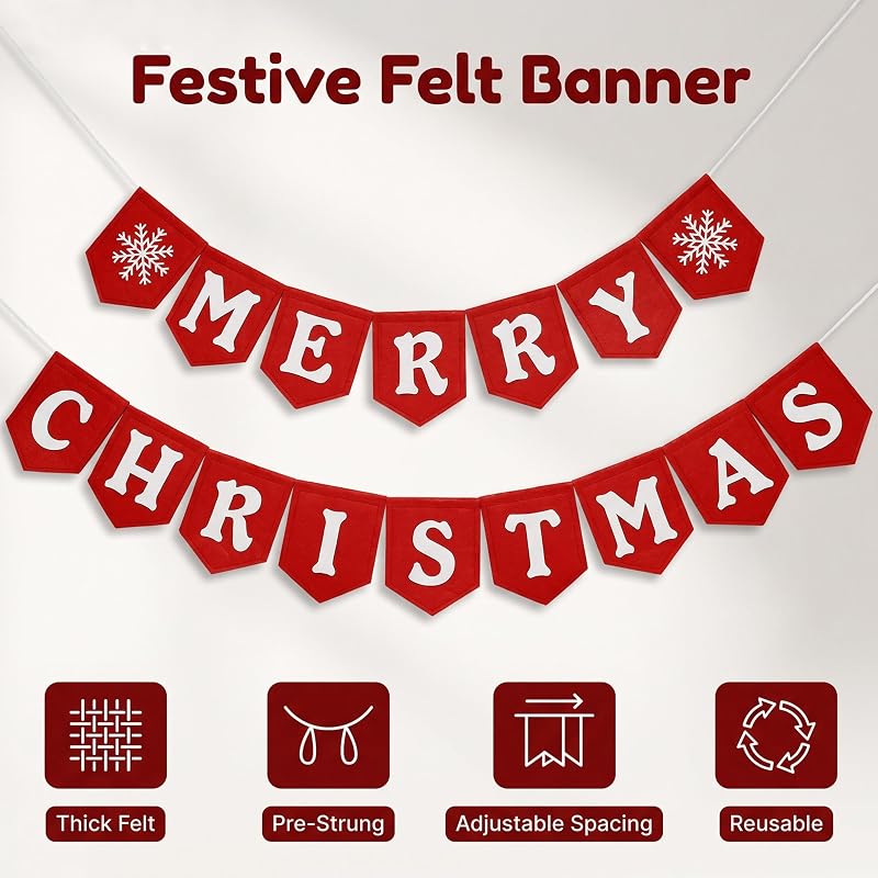 Merry Christmas Banner - Red White Felt Indoor Wall Sign, Ready-to-Hang (Variation: Red White)