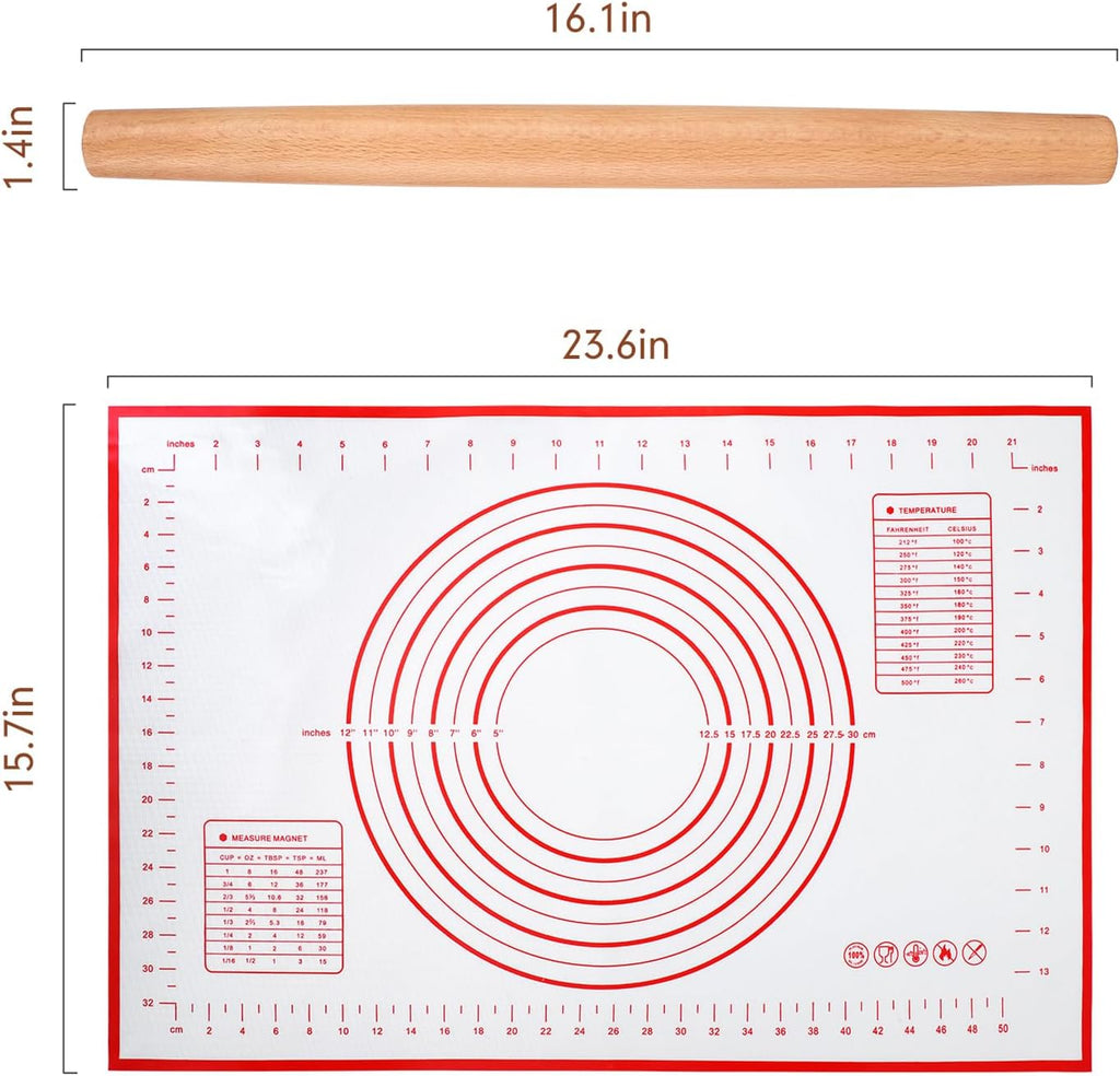 QUELLANCE Wood French Rolling Pin - Beech Wood Dough Roller with Silicone Baking Mat | Ideal for Pizza, Pastries & Cookies