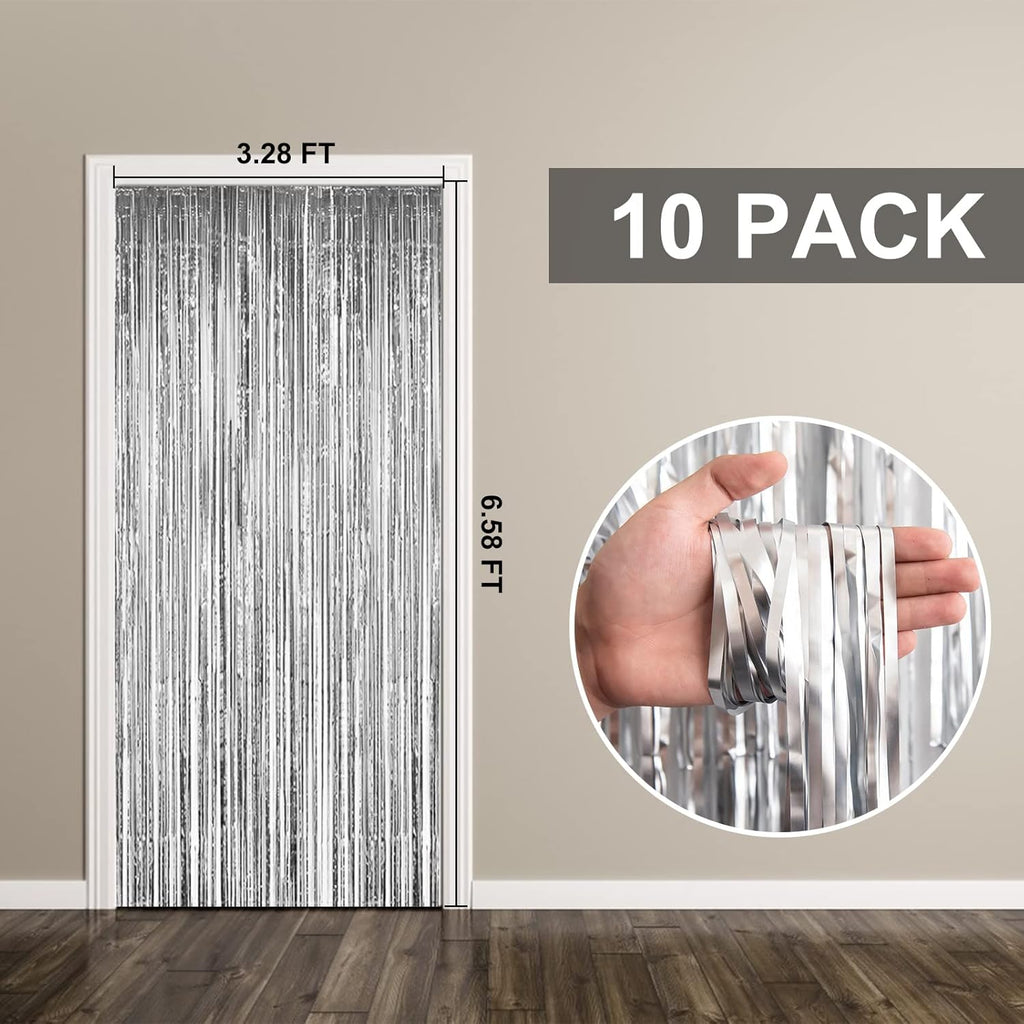 Skiennix Foil Curtain Backdrop - Silver Metallic Tinsel Fringe | 10 Pack for Parties & Celebrations