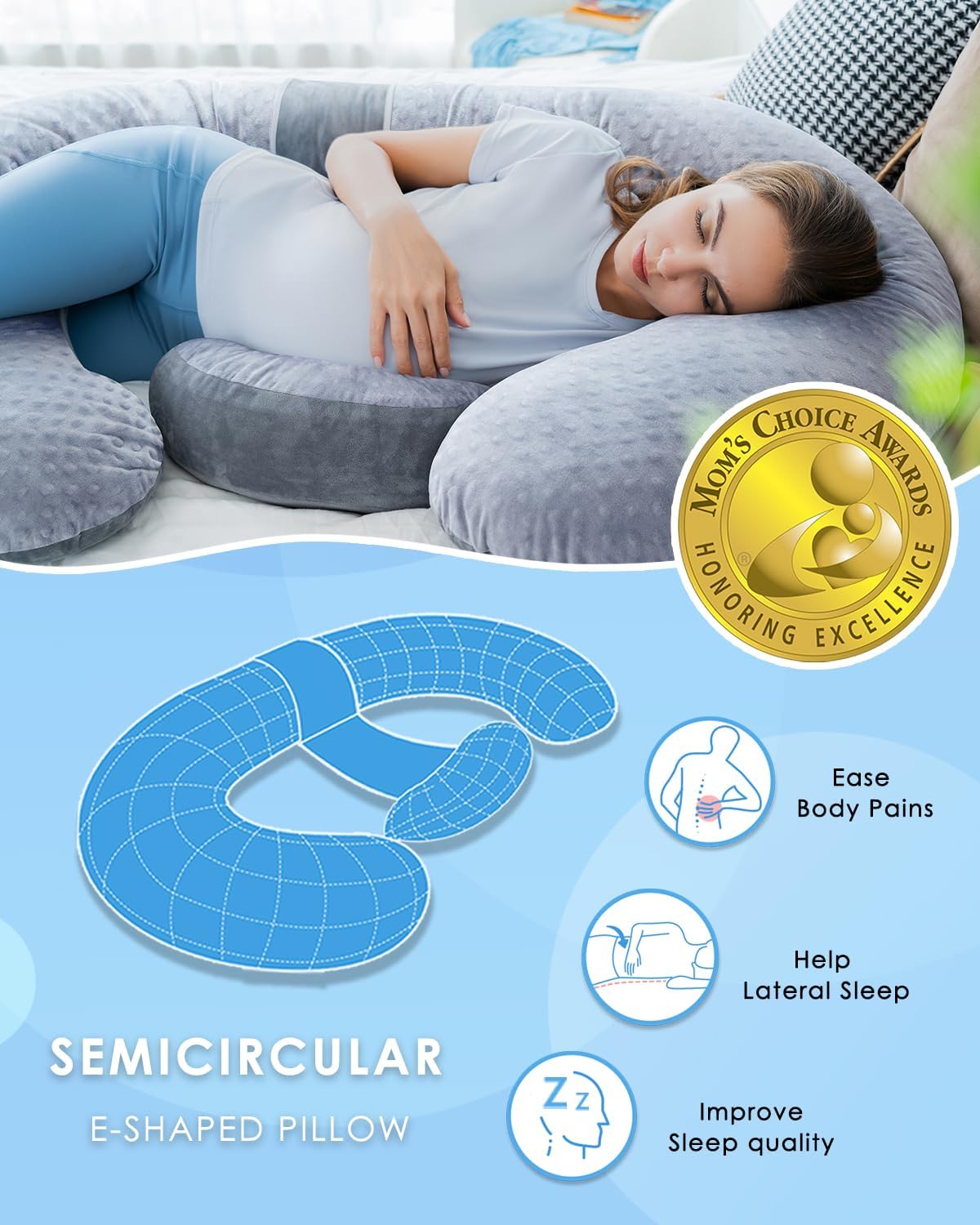 Queen Rose Pregnancy Pillow - E-Shaped Maternity Support with Detachable Wedge | 60-Inch Dual-Sided Velvet Cover in Grey