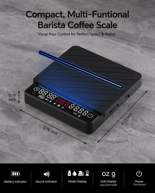 MUVNA Espresso Mini Coffee Scale with Timer & Flow Rate Indicator - 2kg/0.1g Precision Digital Scale with Waterproof Silicone Mat for Pour Over, Coffee Bean Weight, Kitchen, Black