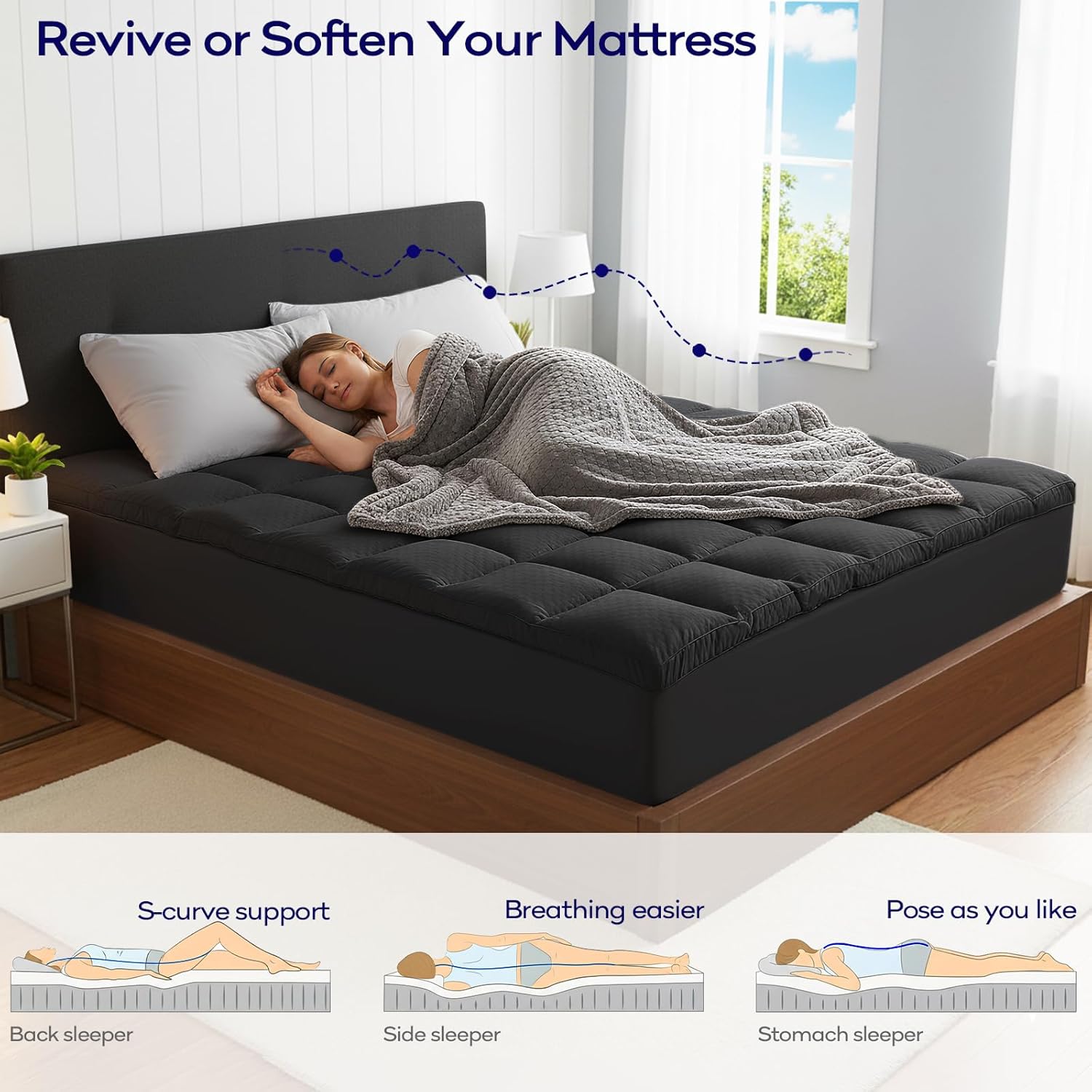 OLANLY Memory Foam Mattress Topper - 4 Inch Queen Size with Cooling Pillow Top & Gel Foam - Black