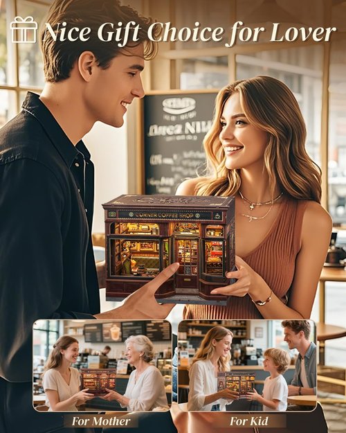 Cutefun Book Nook Kit - DIY Miniature Coffee Shop Bookend with LED Light | 3D Wooden Puzzle for Book Lovers