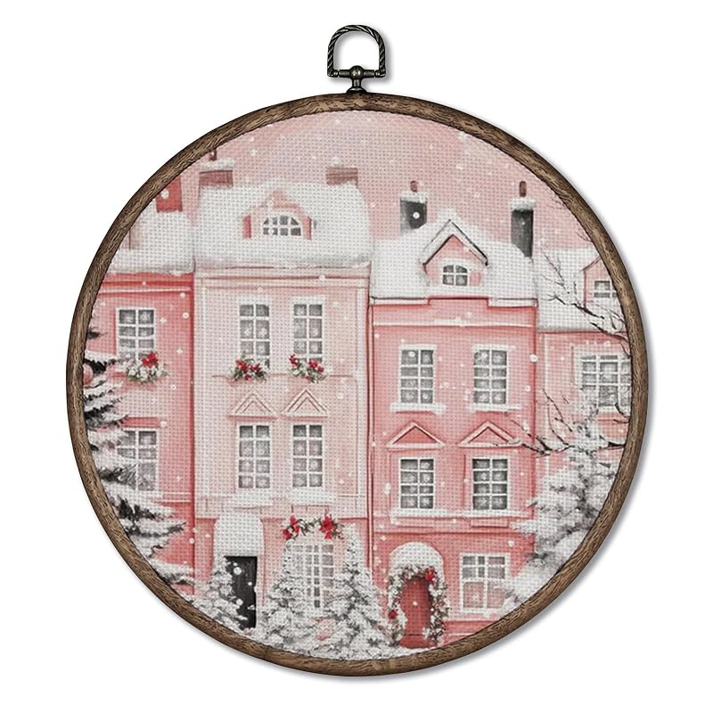 Pink Christmas Round Wall Art Canvas - 10x10 Inch Framed Poster for Home Decor