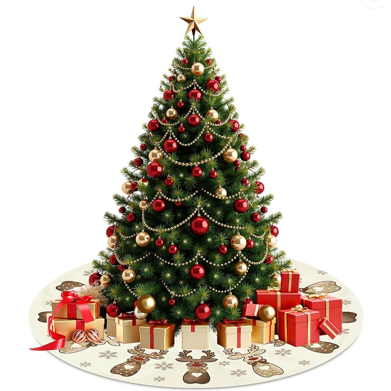 Reindeer Snowflakes Christmas Tree Skirt 36 Inch – Cream Brown Polka Dot with Heart Bow (Variation: Reindeer Snowflakes+36 Inch)
