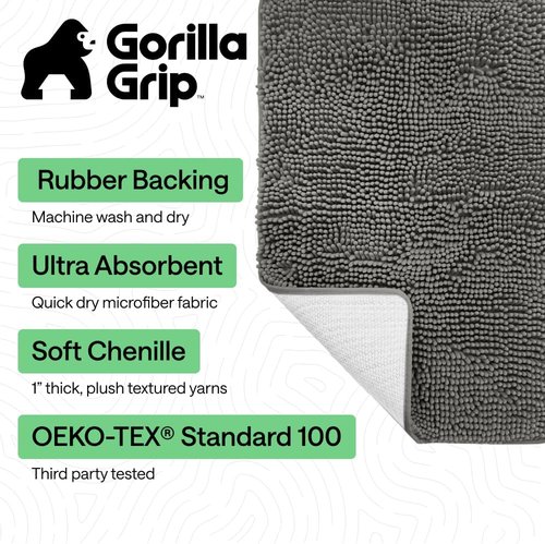 GORILLA GRIP Bath Rug Mat - Soft Absorbent Chenille | Quick Dry Microfiber, 48x17, Charcoal