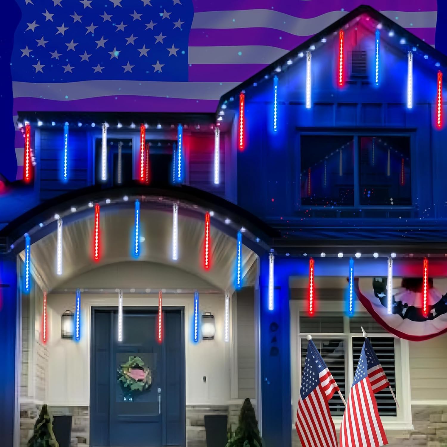 Skiennix 4th of July Outdoor Decorations - 250th Anniversary Solar Meteor Shower Lights | 18 Tubes, 432 LEDs, Waterproof