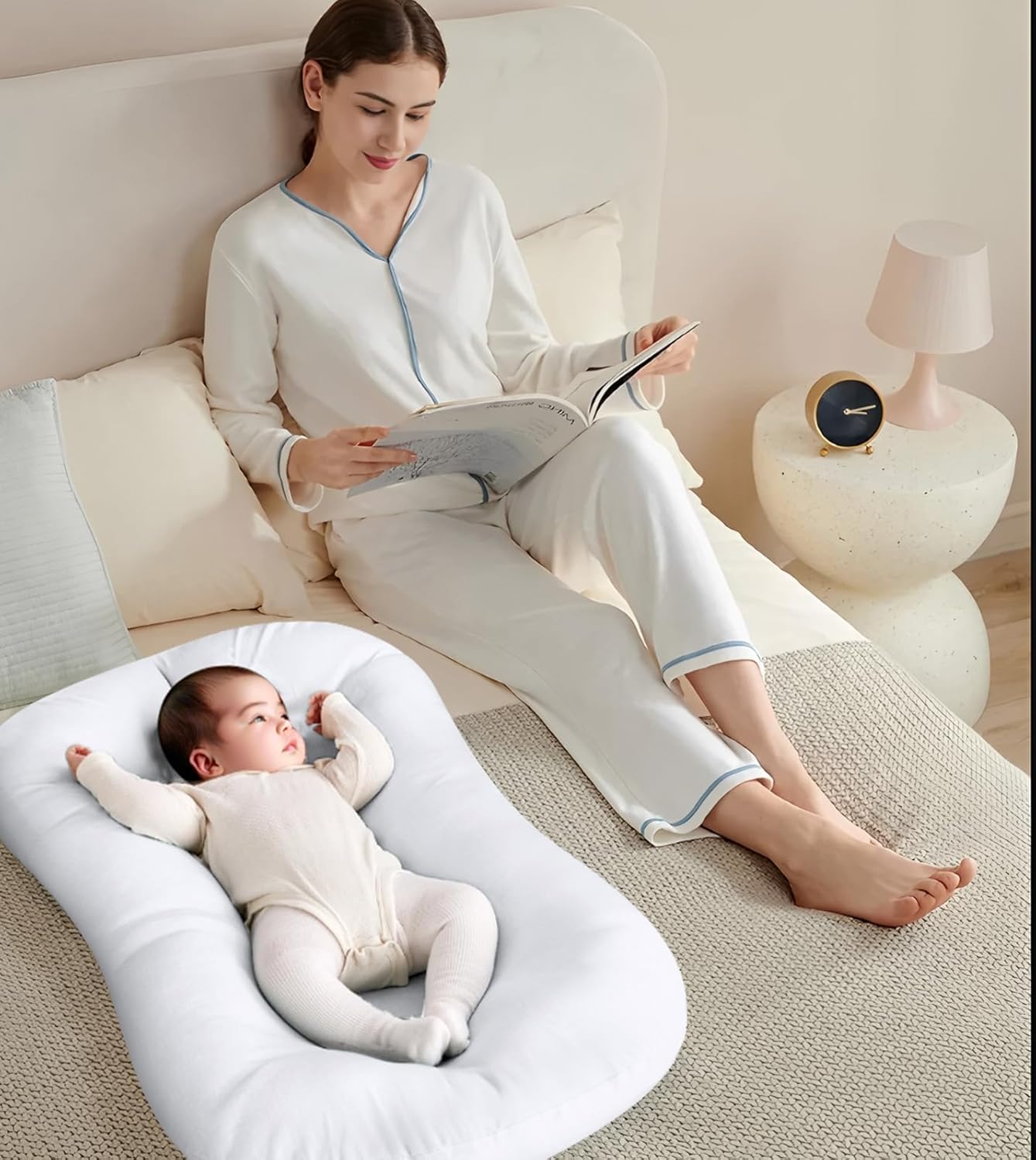 Skiennix Baby Lounger - Bionic Design Infant Floor Seat for Newborns 0-24 Months | Soft Organic Cotton (White)