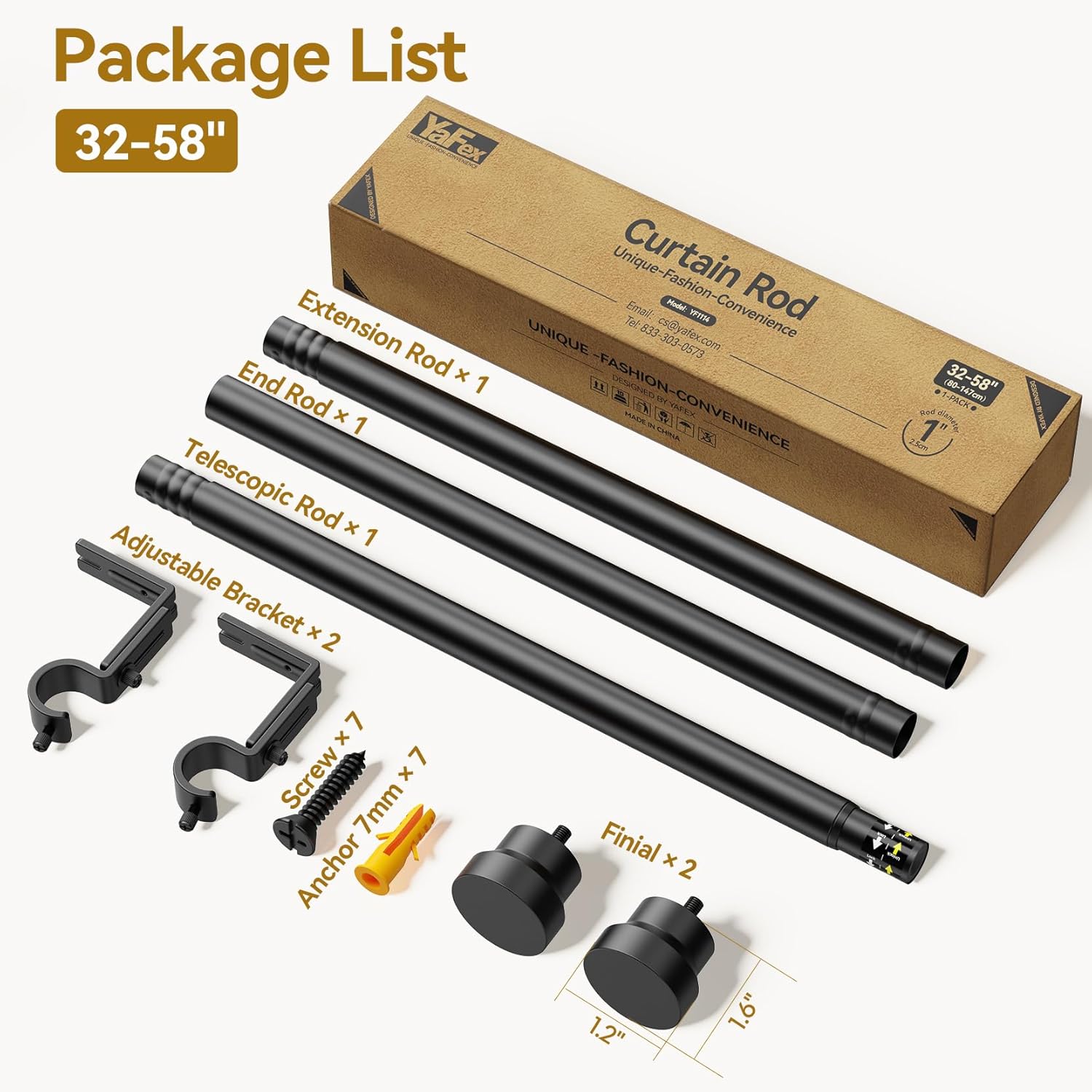 YaFex Adjustable Curtain Rods - Heavy Duty 1 Inch for Windows | 32-58 Inch, Modern Black Design