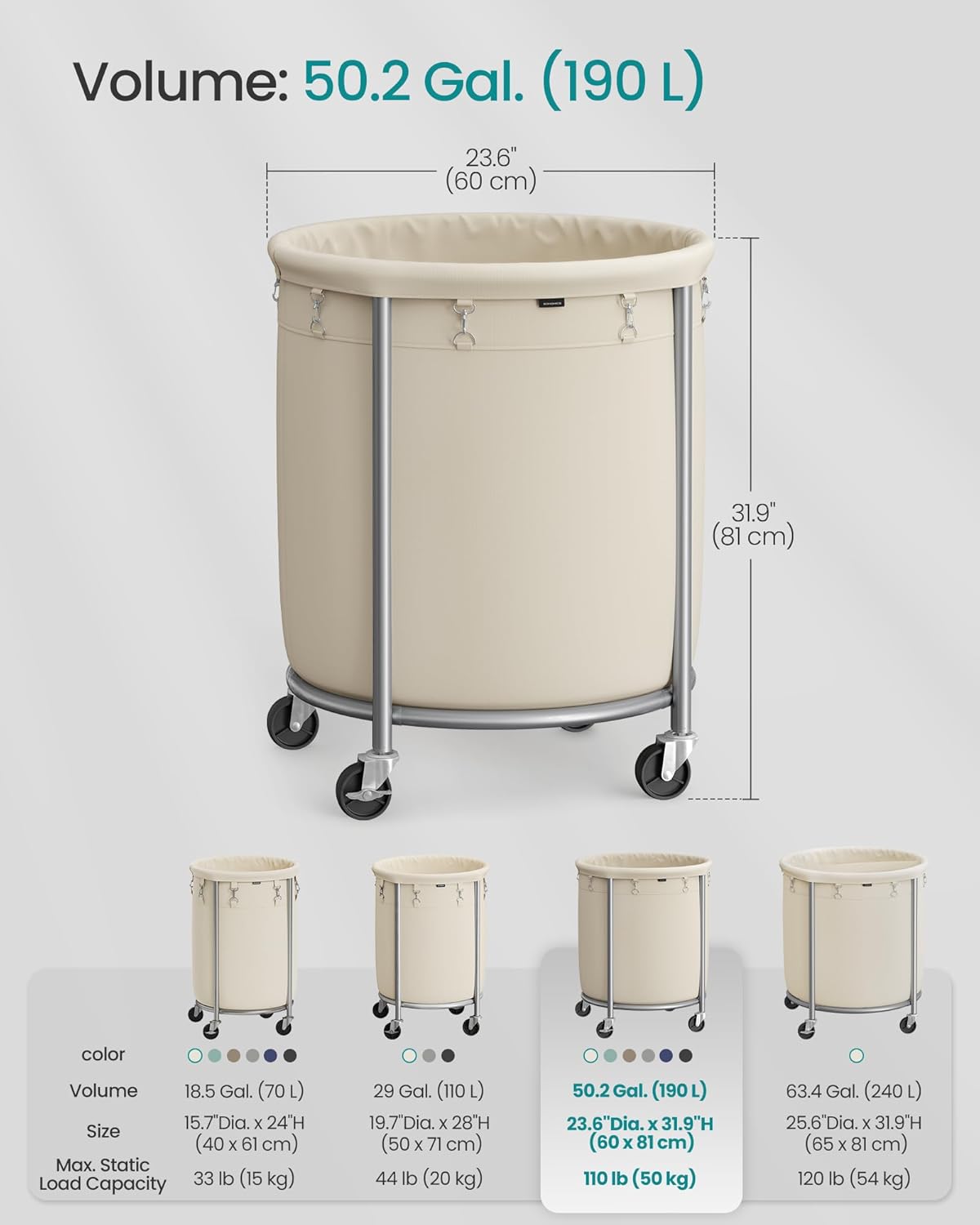 SONGMICS Rolling Laundry Basket - 50.2-Gallon Heavy-Duty Hamper Cart with Steel Frame & Locking Wheels - Cream White & Metallic Silver