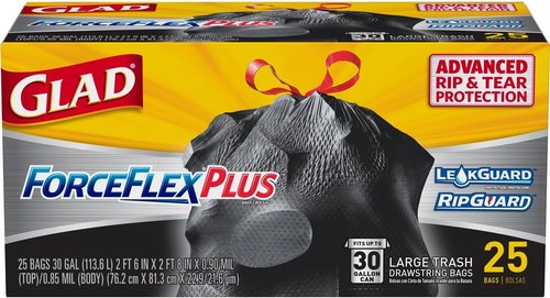 Glad Trash Bags - ForceFlexPlus 30 Gallon Large Drawstring Garbage Bags | 25 Count, Pack of 6
