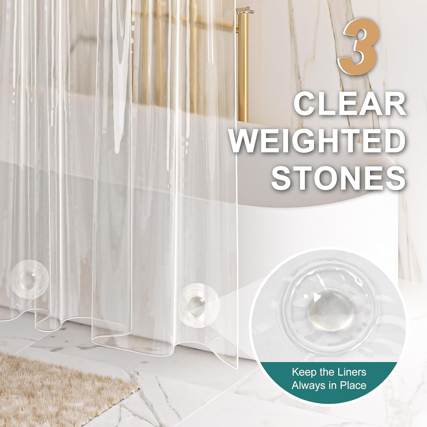 AmazerBath Heavy Duty Shower Curtain Liner - 12 Gauge Clear 72 x 72 Inches with 3 Stones & 12 Grommets