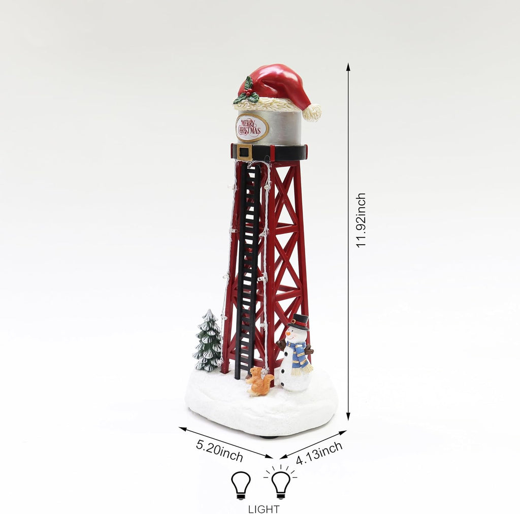 Moments In Time Water Tower Christmas Village - 12” LED Holiday Decoration with Santa Hat & Snowman