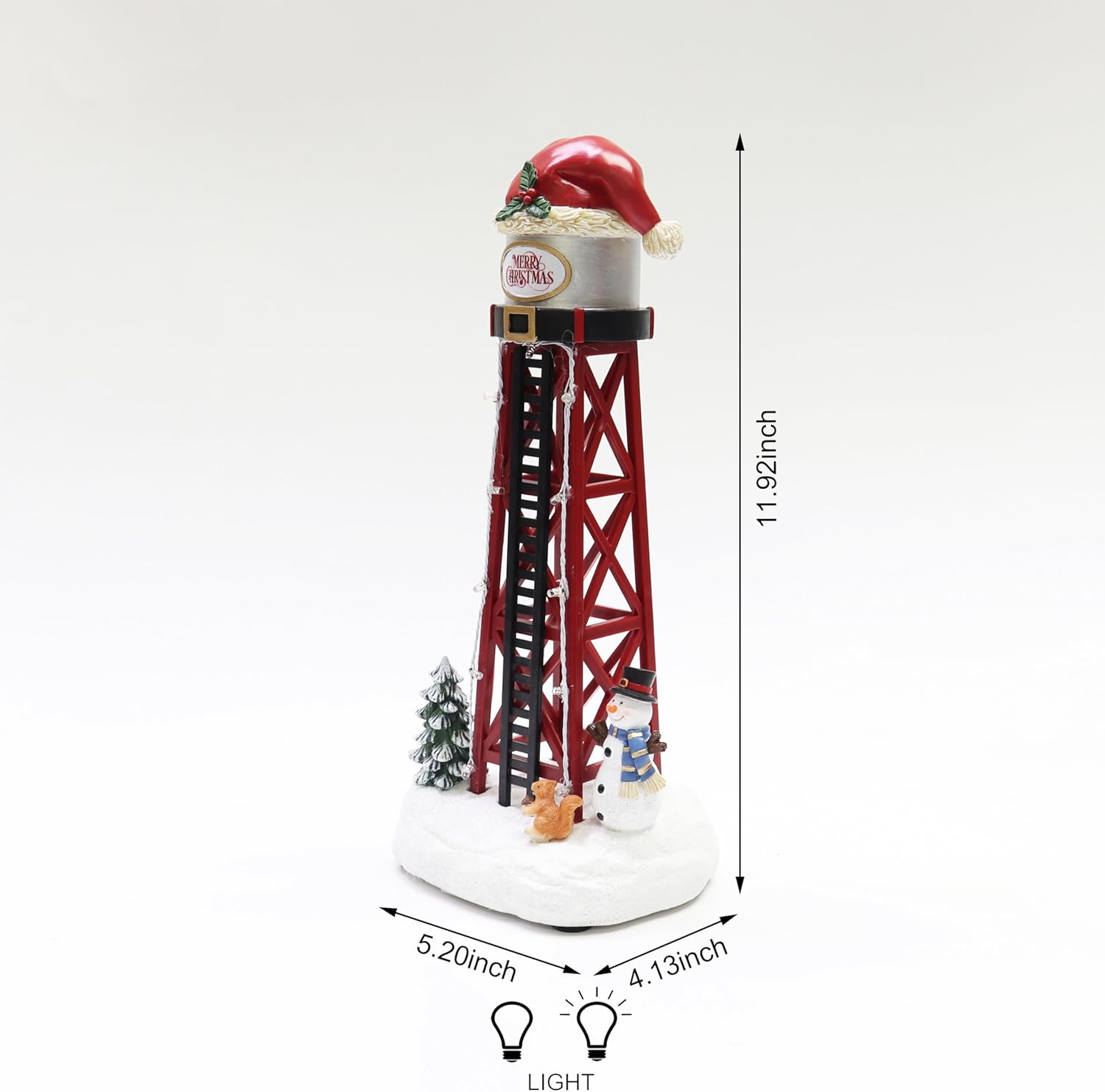 Moments In Time Water Tower Christmas Village - 12” LED Holiday Decoration with Santa Hat & Snowman