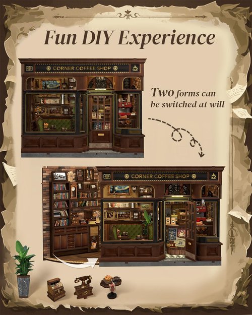 Cutefun Book Nook Kit - DIY Miniature Coffee Shop Bookend with LED Light | 3D Wooden Puzzle for Book Lovers