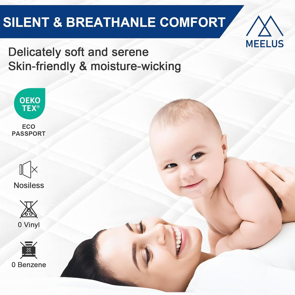 MEELUS Queen Mattress Protector - Breathable Waterproof Fitted Pad Cover | Soft, Noiseless & Washable, White